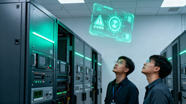 Data Center Innovation: Two technicians examine a holographic display of critical system data amidst rows of servers in a modern data center.