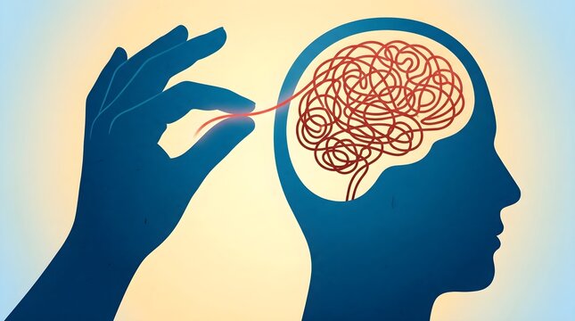 Concept Art Hand Untangling Tangled Thoughts from Human Head