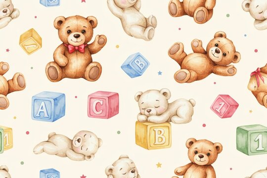 Seamless pattern of cute teddy bears playing with colorful alphabet blocks on a soft cream background, for nursery room decoration