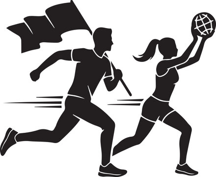 Man running fast holding black waving flag and woman sprinting forward lifting grid globe cad drawing flat vector illustration, marathon race silhouette, vector