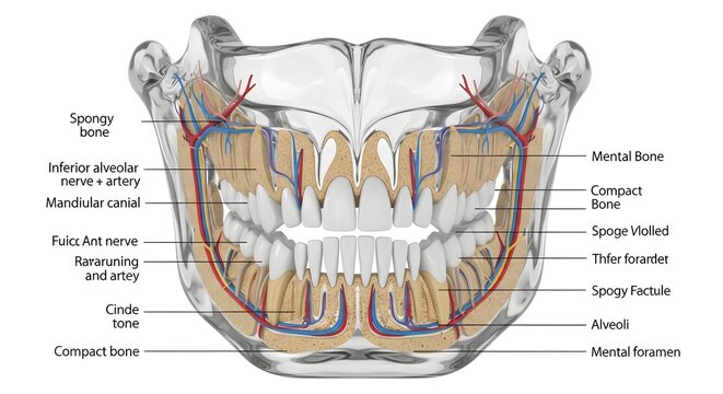 Comprehensive cross‑sectional view of maxilla and mandible highlighting cancellous and compact bone, mandibular canal, neurovascular bundles, inferior alveolar nerve and mental foramen pathways for ad
