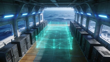 Obraz premium Server Room on a Ship: A futuristic server room housed within a ship, featuring rows of black server racks and holographic digital network projections against the backdrop of the ocean.