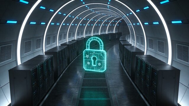 Digital Fortress: A glowing padlock icon illuminates a futuristic data center corridor, symbolizing advanced cybersecurity and digital protection.
