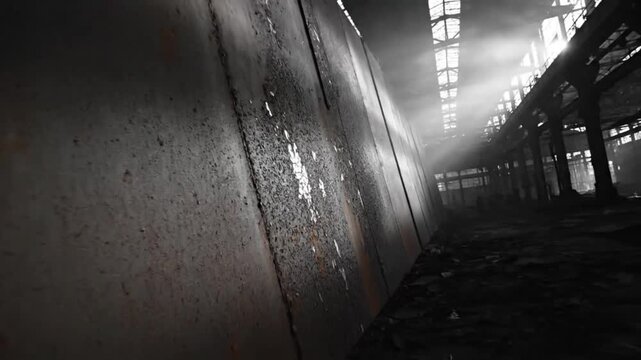 Industrial decay: Peeling paint and rust on weathered metal inside a derelict building with sunbeams