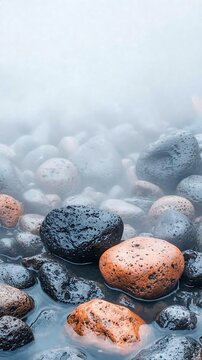 Smooth wet black and orange stone close-up in clear water with mist and soft natural light
