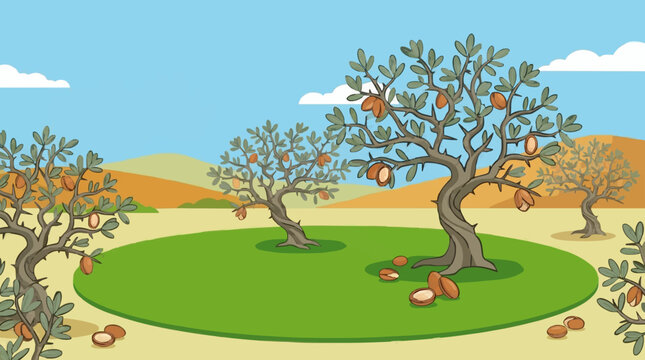 Desert Trees on Green Oasis Circle Flat Illustration