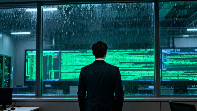 A solitary figure in a suit stands before a wall of glowing green computer screens displaying lines of code, rain streaks down the large window pane.