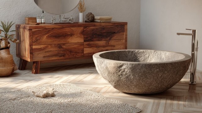 Natural stone basin creates a rustic and luxurious atmosphere in a contemporary bathroom setting