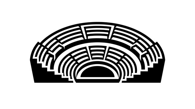 Black and white illustration of ancient amphitheater seating.