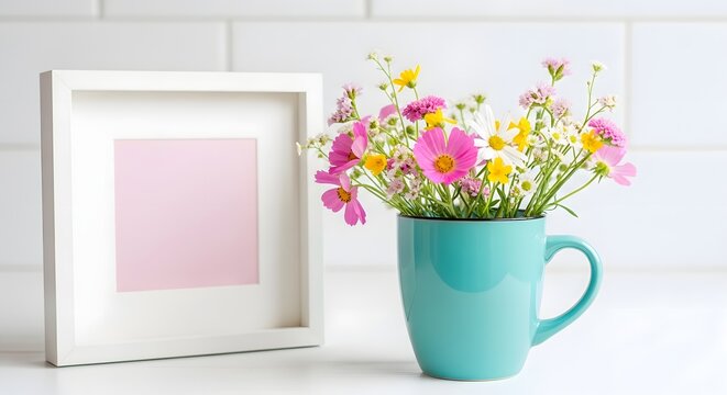 White photo frame mockup with pink insert and teal mug with flowers