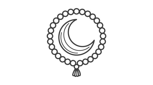 Circular prayer beads with crescent moon line art.