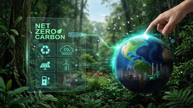 Net zero carbon concept with hand touching earth globe in lush forest, sustainable energy icons for renewable power and emission reduction