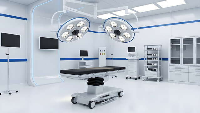 Operating room with surgical lights and equipment in a hospital setting