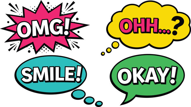 Comic speech bubble set omg cool smile ok text expression retro pop art cartoon message chat vector illustration graphic design