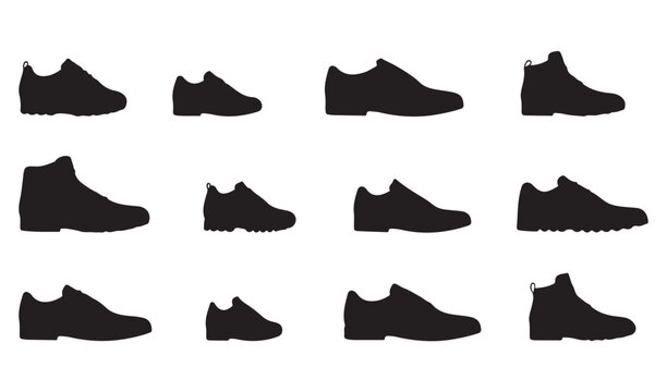Shoes collection vector icons set sneakers boots sports footwear black silhouettes graphic design isolated elements