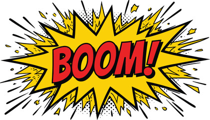 Comic boom text explosion starburst pop art retro superhero action cartoon sound effect yellow red vector illustration graphic design element © MDZiaul