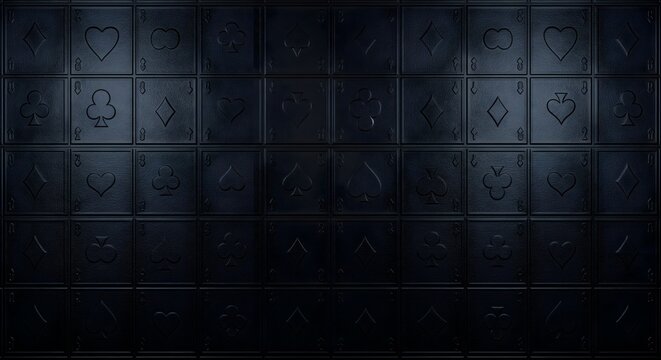 Dark elegant playing card pattern with embossed suit symbols background