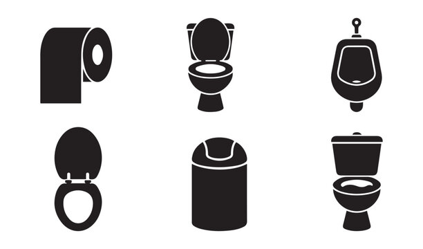 Toilet bathroom restroom icons vector set with toilet paper urinal trash can toilet bowl silhouette sign