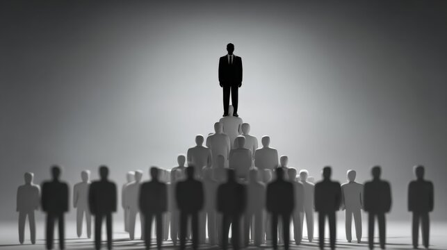 A silhouette of a businessman standing at the top of a pyramid of people, representing leadership and hierarchy