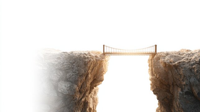 A small rope bridge connecting two high cliffs with a vast expanse of white space in between, symbolizing connection and overcoming challenges