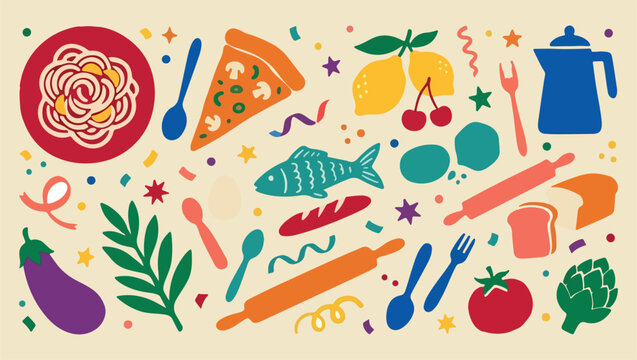 Delicious pizza slice, fast food pattern, italian cheesy meal, tasty dinner icons, restaurant kitchen symbols, culinary snack elements, savory dough toppings, baked feast art
pizza, italian, food, fas