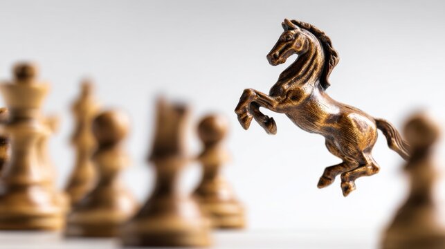 A strategic close-up of a wooden chess knight in mid-leap, commanding attention amidst a blurred backdrop of other chess pieces, embodying power and foresight