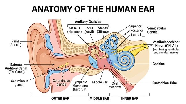 Anatomical diagram of the human ear showing auditory system structures