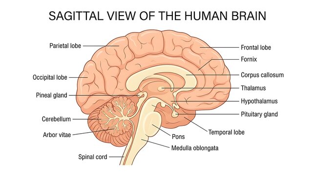 Anatomical diagram of the sagittal view of the human brain with labels