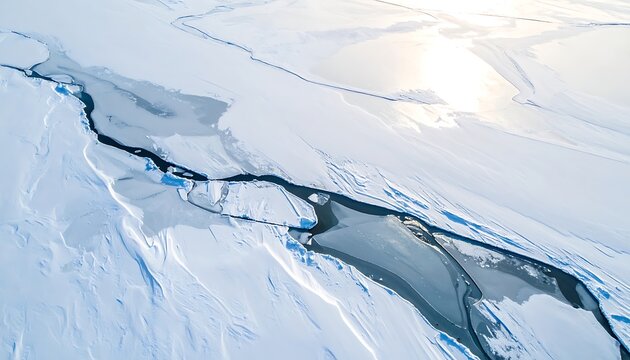 Frozen river landscape with cracked ice.