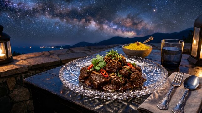 Gourmet beef rendang and yellow rice served on an outdoor table under a stunning Milky Way galaxy sky