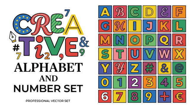 Creative Alphabet and Number Set, Colorful Hand Drawn Typography Vector, Decorative Lettering Collection for Graphic Design Projects