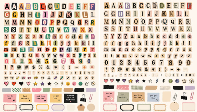 Vintage ransom note alphabet vector set, colorful cutout letters and numbers collection, retro paper scrap typography for collage art