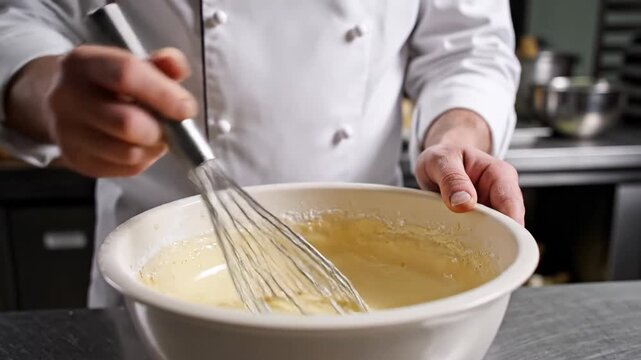 Chef whisking batter in a metal bowl in a kitchen. Man preparing dough for baking. Culinary professional mixing ingredients for a delicious homemade pastry recipe