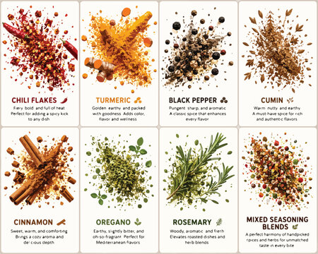 Culinary spice and herb collection, 8 labeled seasoning cards with chili flakes, turmeric, cinnamon and rosemary, aromatic kitchen ingredient vector set