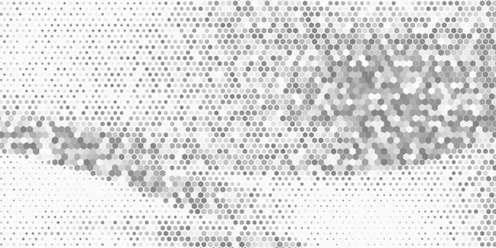 Abstract grey and white background with halftone hexagon pattern. Modern geometric honeycomb texture vector template for high tech banner.