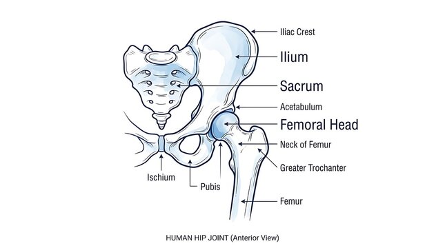 Anatomical of the human hip joint from an anterior view with labels