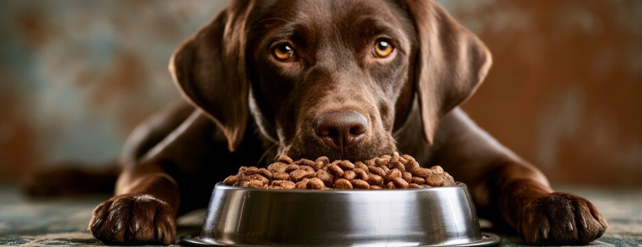 Brown dog lying on the floor next to a bowl of dog food  