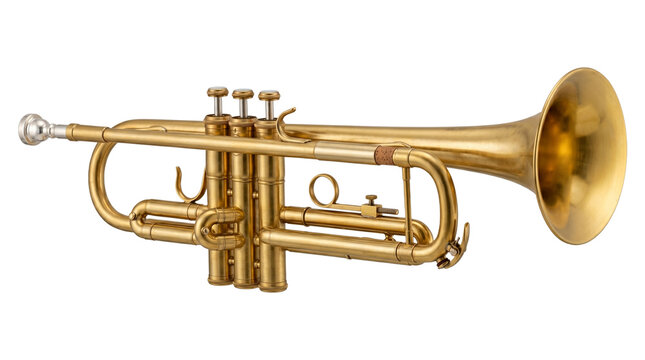 Golden trumpet brass musical instrument isolated on transparent background png professional jazz orchestra.