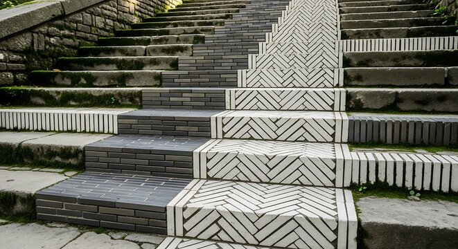 Outdoor concrete stairs with decorative herringbone tile pattern and natural surroundings