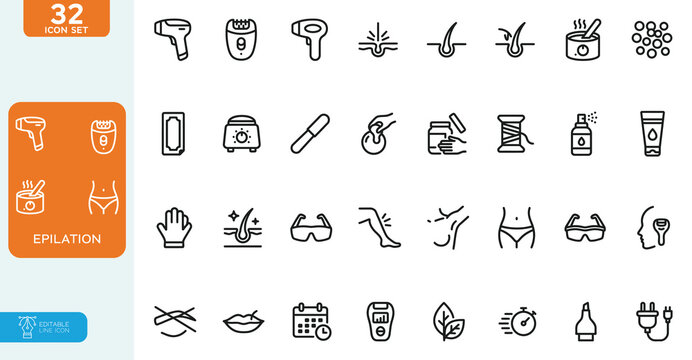 Epilation Vector illustration line editable Icons set. Contain icons related to depilation, hair removal, shaving, beauty, treatment, grooming, and more. on white background.