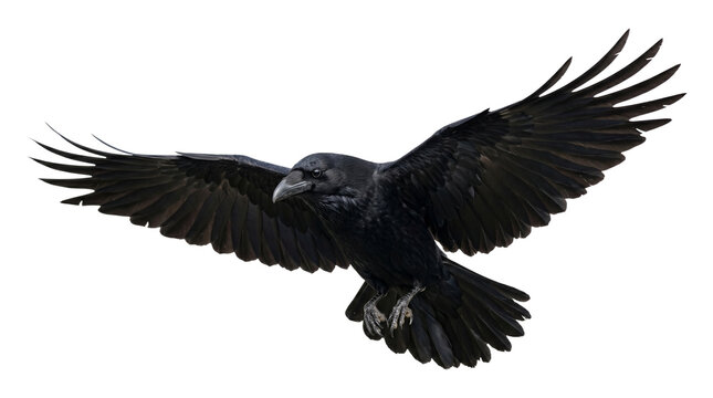 Large black raven bird flying with wings spread wide on transparent background isolated png.