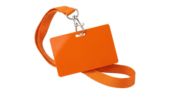 Horizontal orange id badge card holder with fabric lanyard strap for professional employee access pass.