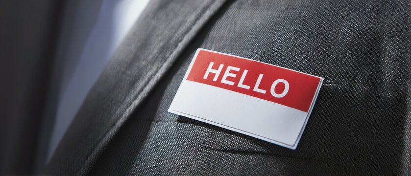 Professional nametag on a suit jacket.