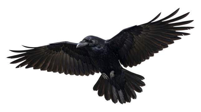 Large black raven bird flying with wings spread wide on transparent background isolated png.
