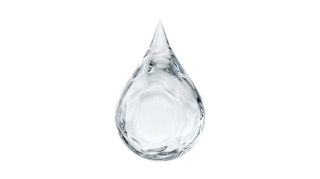 Single clear liquid water drop falling down with soft natural reflection isolated on transparent canvas.
