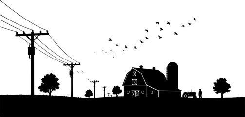 Obraz premium Rural landscape silhouette, farm house, power lines, trees, countryside vector