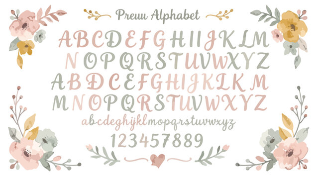 Handwritten Press Alphabet vector set, elegant floral script font with numbers, pastel pink and grey calligraphy for wedding invitations