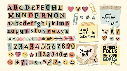 Vintage ransom note alphabet set, colorful newspaper cutout letters and numbers vector, retro scrapbooking elements with motivational quotes and stickers © 爱心binragh