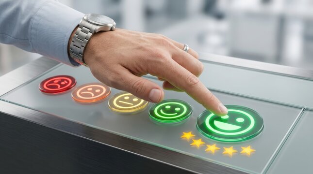 Customer satisfaction rating interface with hand selecting excellent feedback score, digital service quality survey concept