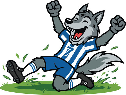 Cheerful Cartoon Wolf Playing Soccer Celebrating Victory on Green Field